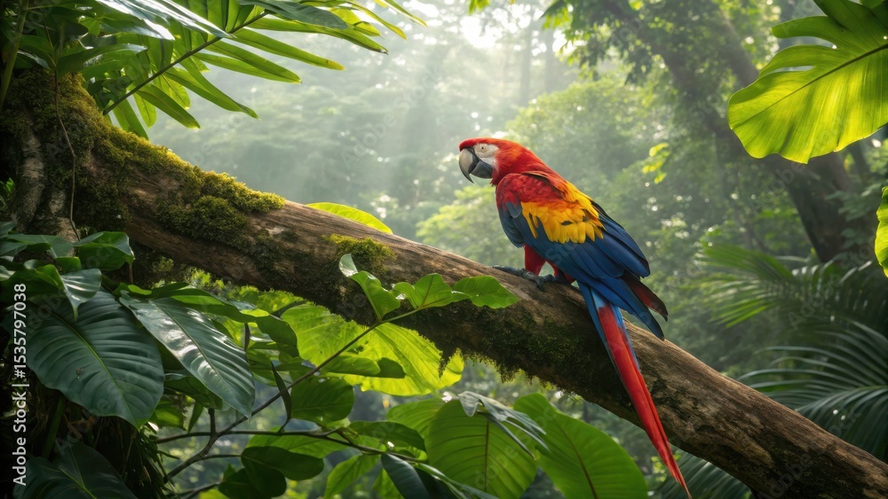 Obraz premium Vibrant scarlet macaw perched on mossy branch in lush tropical rainforest