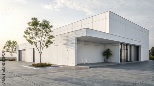 Wallpaper Mural Modern minimalist white concrete house with expansive driveway and landscaping Torontodigital.ca