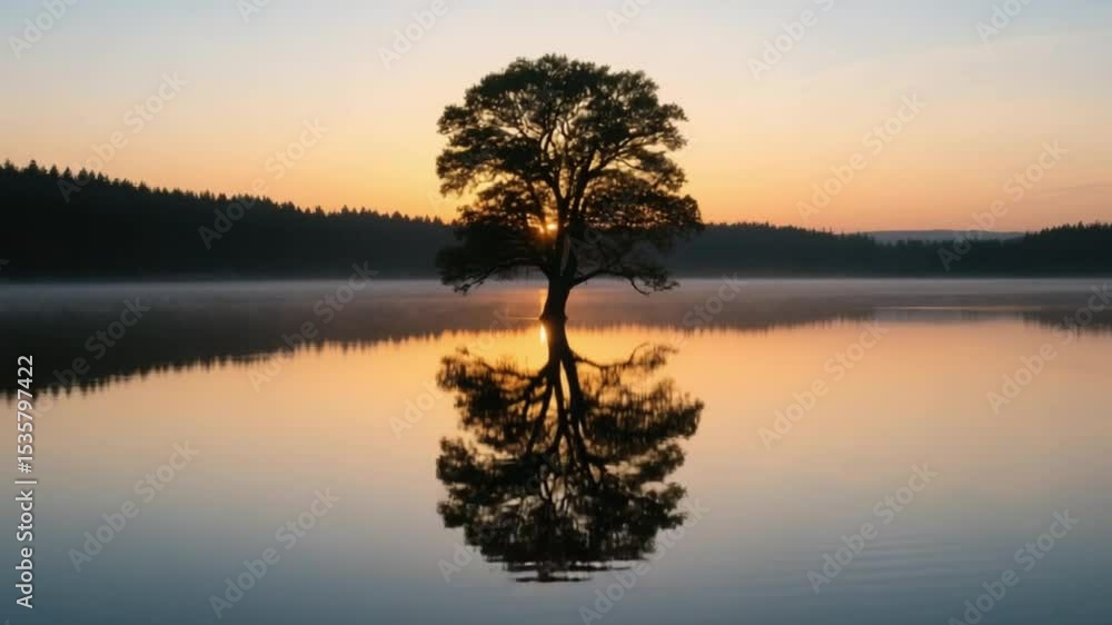 Tranquil dawn scene of a tree reflected in calm water with golden sunrise light 4K Ai technology HD video. Tranquil dawn scene of a tree reflected in calm water with golden sunrise light 4K Ai technology HD video.