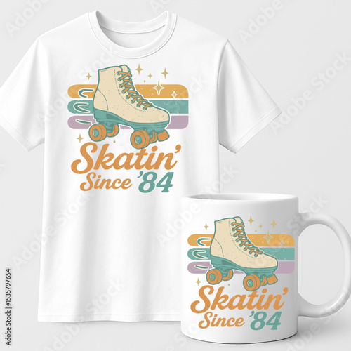Retro Roller Skate "Skatin' Since '84" Vintage T-Shirt & Mug Design – Nostalgic Roller Derby Gift Idea

