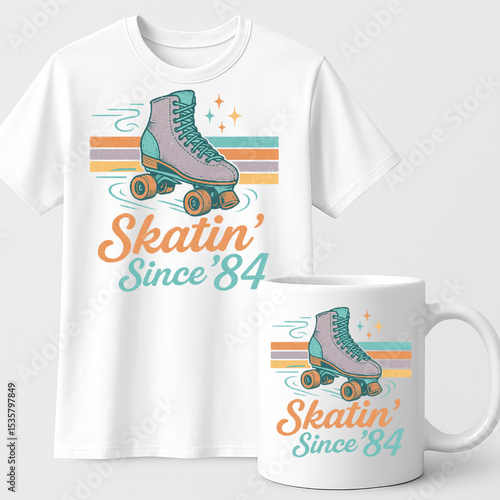 Retro Roller Skate "Skatin' Since '84" Vintage T-Shirt & Mug Design – Nostalgic Roller Derby Gift Idea

