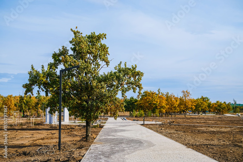 Εκτύπωση καμβά Landscaping and landscaping works are underway in the city park.