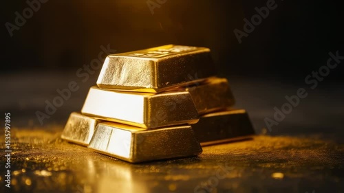 Wallpaper Mural Golden Stacks: Solid gold bars arranged artistically, gleam under directed light, showcasing their allure, representing wealth and security in a stunning presentation. Torontodigital.ca