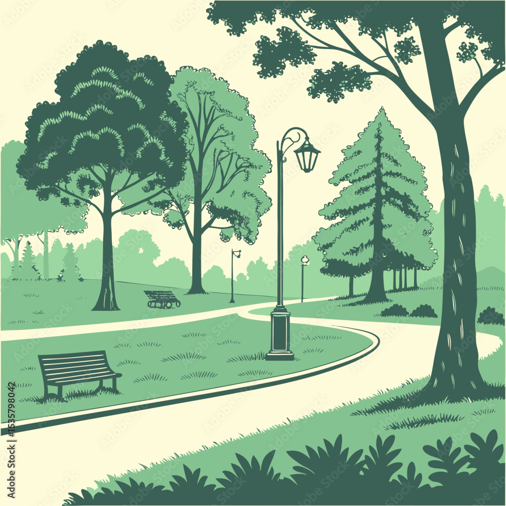 Fototapeta premium Set of flat forest and park elements, combined in landscapes views