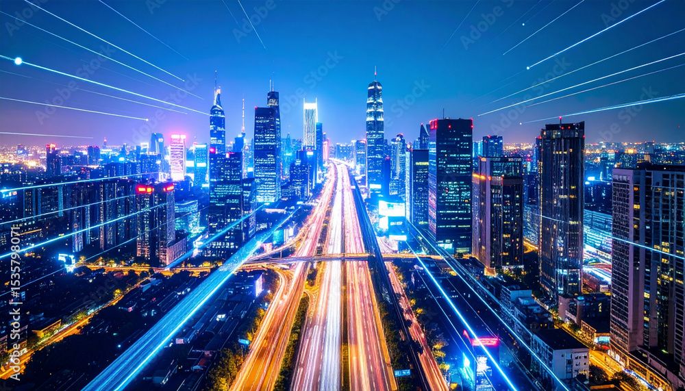 Fototapeta premium Vibrant Night Cityscape Illuminated Skyscrapers and Speeding Traffic