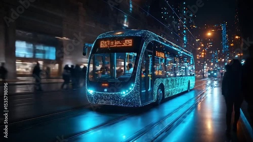 Futuristic electric bus on city street at night