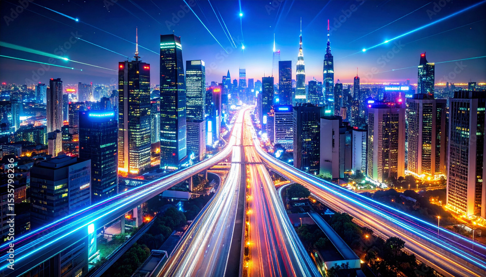 Fototapeta premium Vibrant Metropolis Nighttime Cityscape with Illuminated Roads and Skyscrapers