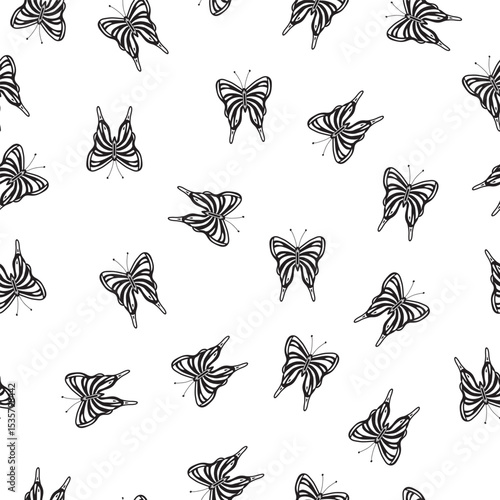 A Black and White Design of Black Butterflies Floating on a White Background creating a seamless pattern print
