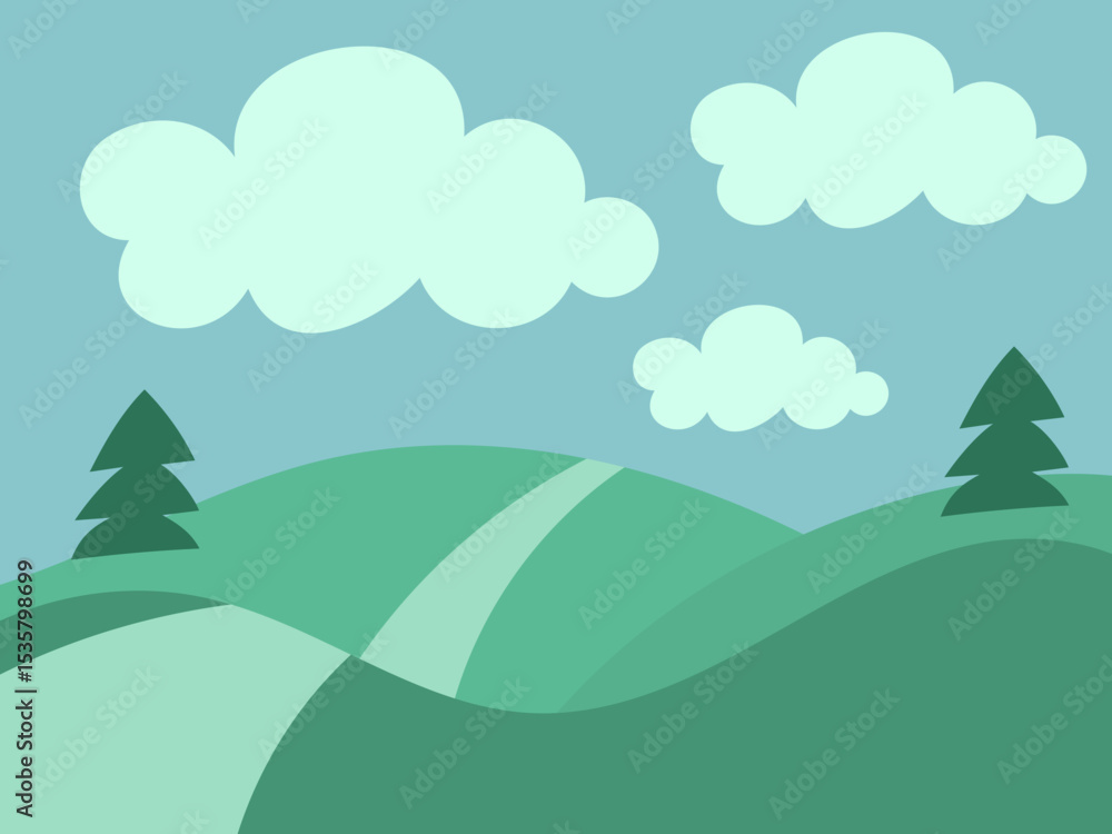 Obraz premium Minimalist Summer Landscape with Hills, Pine Trees and Winding Path, Serene Nature Background, Vector Illustration