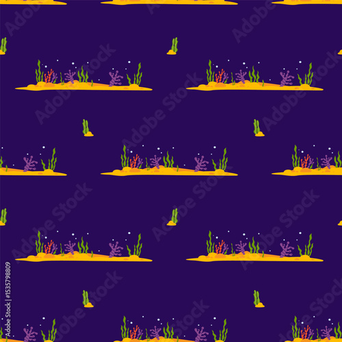 Underwater Seamless Pattern. Sea Plants, seaweed and Coral on sandy seabed on dark Blue Background. Vector Illustration