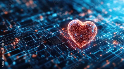 Red digital heart in cyberspace. Virtual reality, programming and information technology of the future. Artificial intelligence, code data and cybersecurity. St. Valentine's Day love concept