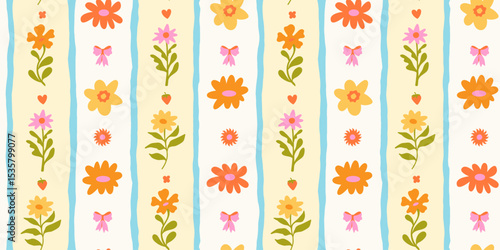Vector seamless pattern in simple floral wavy and groovy naive style, flowers and plants, floral botanic hand drawn design templates, modern art prints, surface design