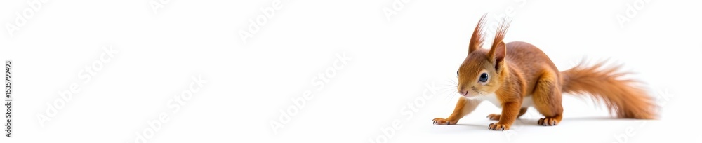 Obraz premium Close-up of eurasian red squirrel with fluffy tail on white background, adorable, red, squirrel