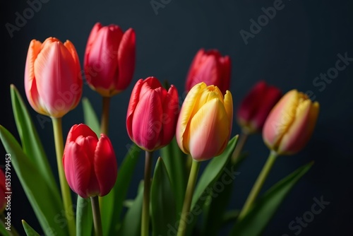 Close-up of elegant tulips arrangement for Easter celebration on dark background, easter, dark background, arrangement