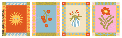 Vector hand drawn graphics, print design templates, summer and vacation theme, tropical illustrations, frames and borders in simple trendy naive cut out style with holiday floral illustrations