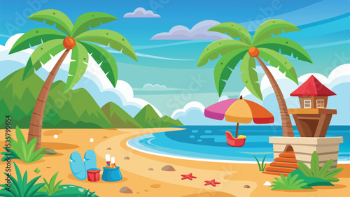 Cartoon Beach Scene with Palm Trees, Lifeguard Stand, Umbrella and Ocean View