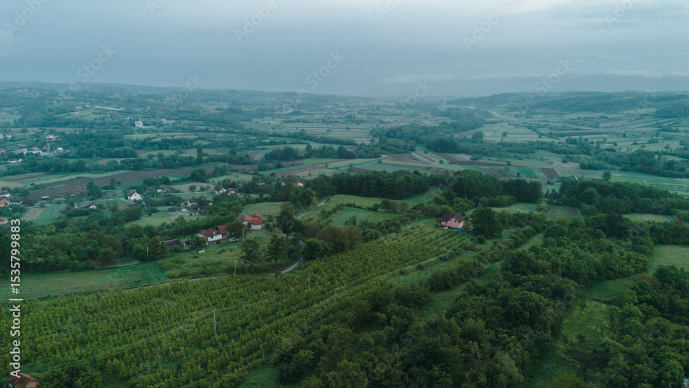 Fototapeta premium Aerial view of green rural landscape with red-roof houses surrounded by fields and orchards in Serbia at sunset