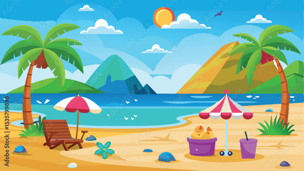 Obraz premium Cartoon Beach Scene with Palm Trees, Umbrella, Deck Chair, Sandcastle, and Bright Sun