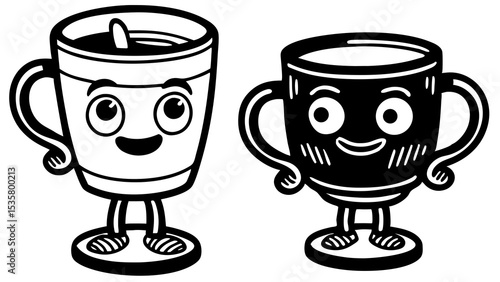Cartoon cups with happy faces in black and white art style depicting beverages and cute characters.