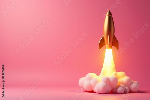 Sparkling golden rocket taking off against soft pink backdrop, soft, sparkling, rocket