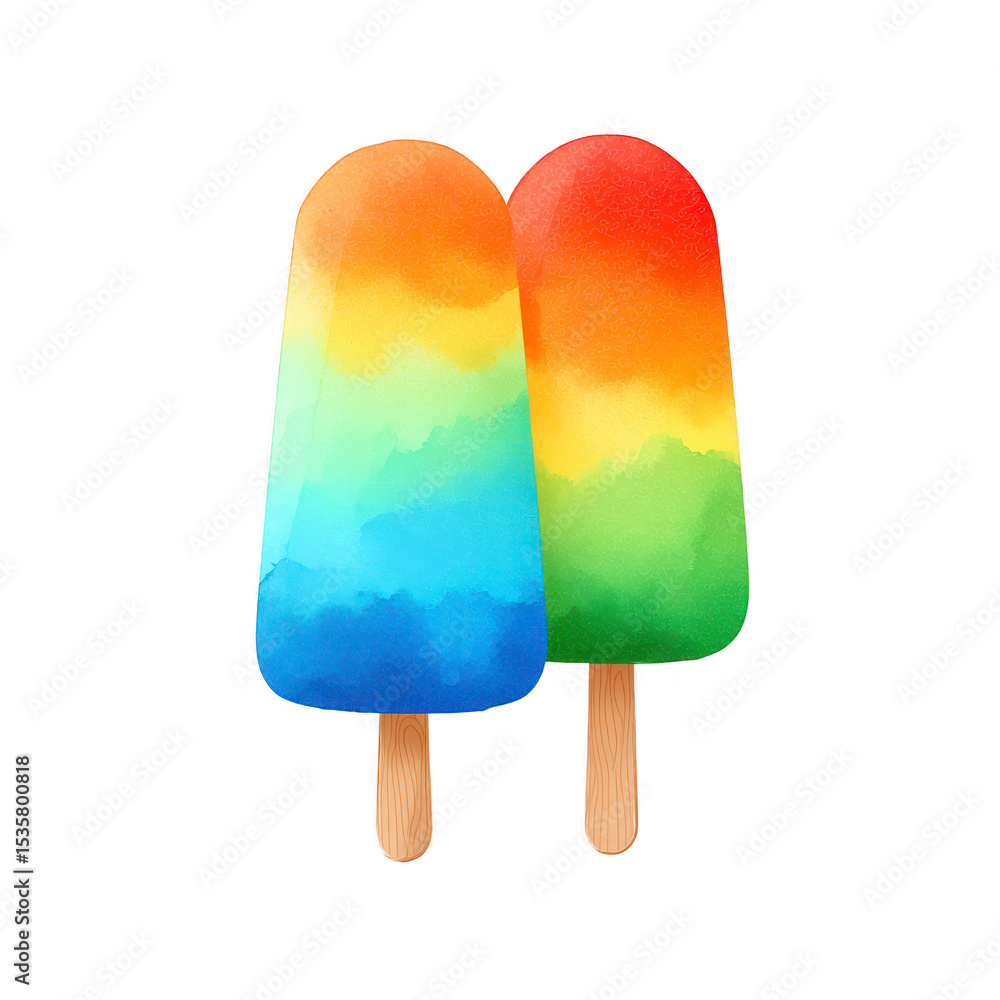 Colorful rainbow popsicles with wooden sticks, featuring vibrant shades of red, orange, yellow, green, and blue, evoke sense of joy and summer fun Colorful rainbow popsicles with wooden sticks, featuring vibrant shades of red, orange, yellow, green, and blue, evoke sense of joy and summer fun