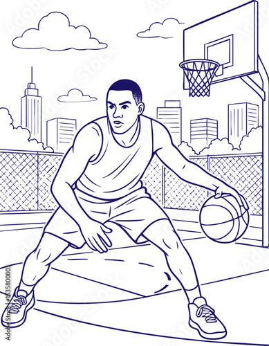 Man dribbling basketball on outdoor urban court line art