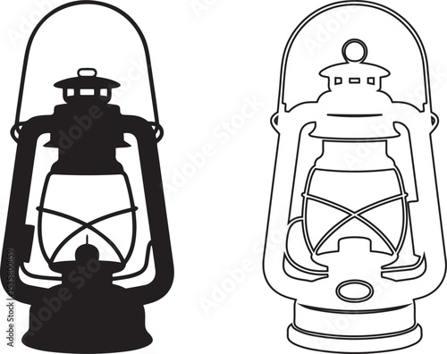 Classic black and white silhouette and line art vintage kerosene oil lanterns set