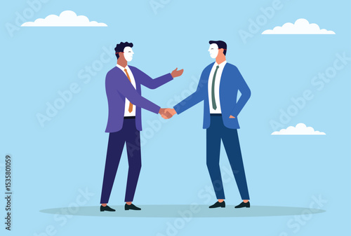 Vector illustration of two businessmen wearing scam masks shaking hands, representing deceitful agreements, hidden motives, and untrustworthy partnerships in the business world

