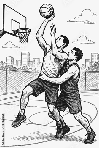 Two men playing competitive basketball on outdoor court sketch