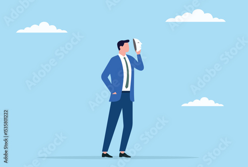Vector illustration of a businessman taking off his mask, symbolizing the unveiling of true identity, embracing honesty, transparency, and authenticity in the professional world
