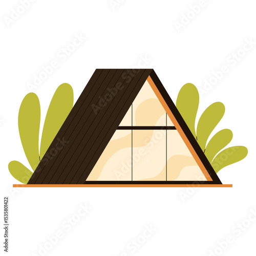Modern A-frame house with glass front and dark wooden siding. Tiny eco-friendly cabin. Cozy modular house in nature. Sustainable architecture concept. Flat vector illustration in clean cartoon style