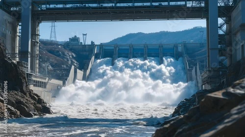 Industrial beauty of hydroelectric engineering as massive volumes of water erupt from the Krasnoyarsk dam’s gates, framed by metal structures and turbines