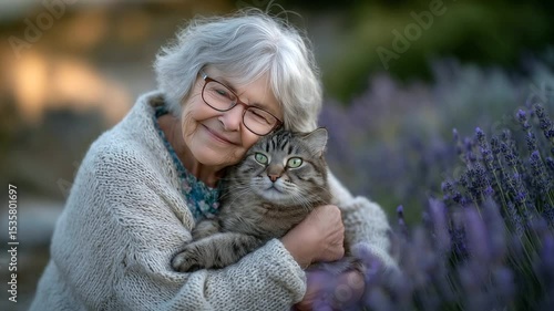 In the golden light of afternoon, an older lady with glasses and a soft cardigan gently hugs her purring cat while seated by a garden path lined with lavender