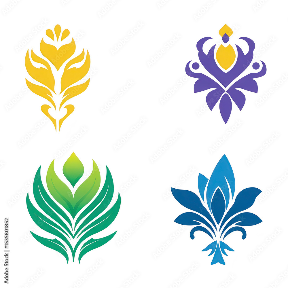 Obraz premium Four colorful floral motifs yellow, purple, green, and blue, each with unique symmetrical designs, are displayed transparency background. vibrant colors and intricate patterns create elegant