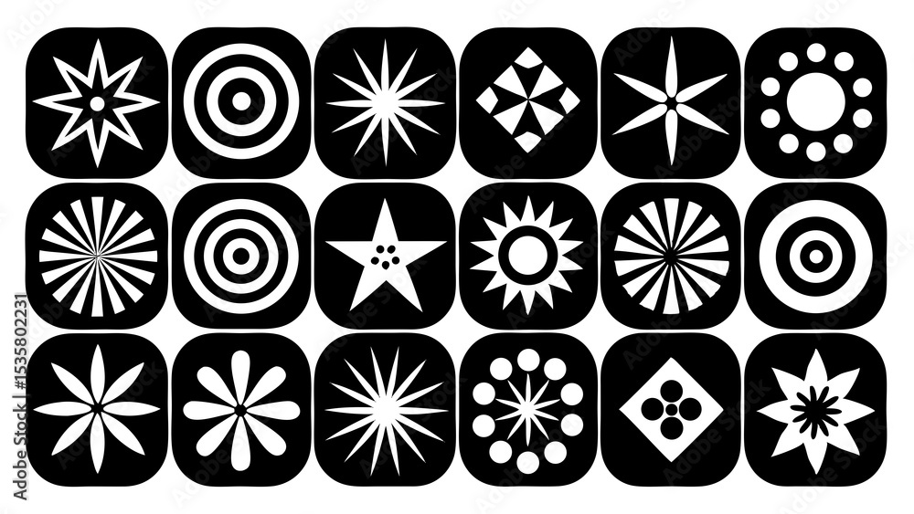 Collection of abstract geometric and circular design elements in bold black and white, perfect for decorative and graphic usage. Collection of abstract geometric and circular design elements in bold black and white, perfect for decorative and graphic usage.