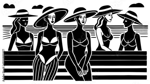 Black and white illustration of five women in swimwear wearing sun hats at a beachside scene enjoying a summer day.