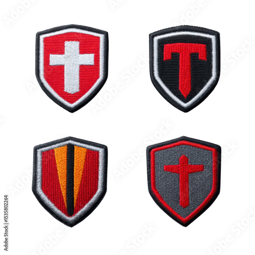 Free Download Four embroidered shield patches with cross and stripe designs in red, white, and gray, symbolizing protection and strength. Each patch features unique patterns and color combinations - GFXLoad