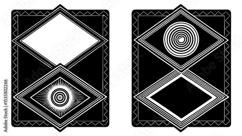 Elegant and artistic black and white decorative design composed of geometric rhombus shapes with concentric circle details