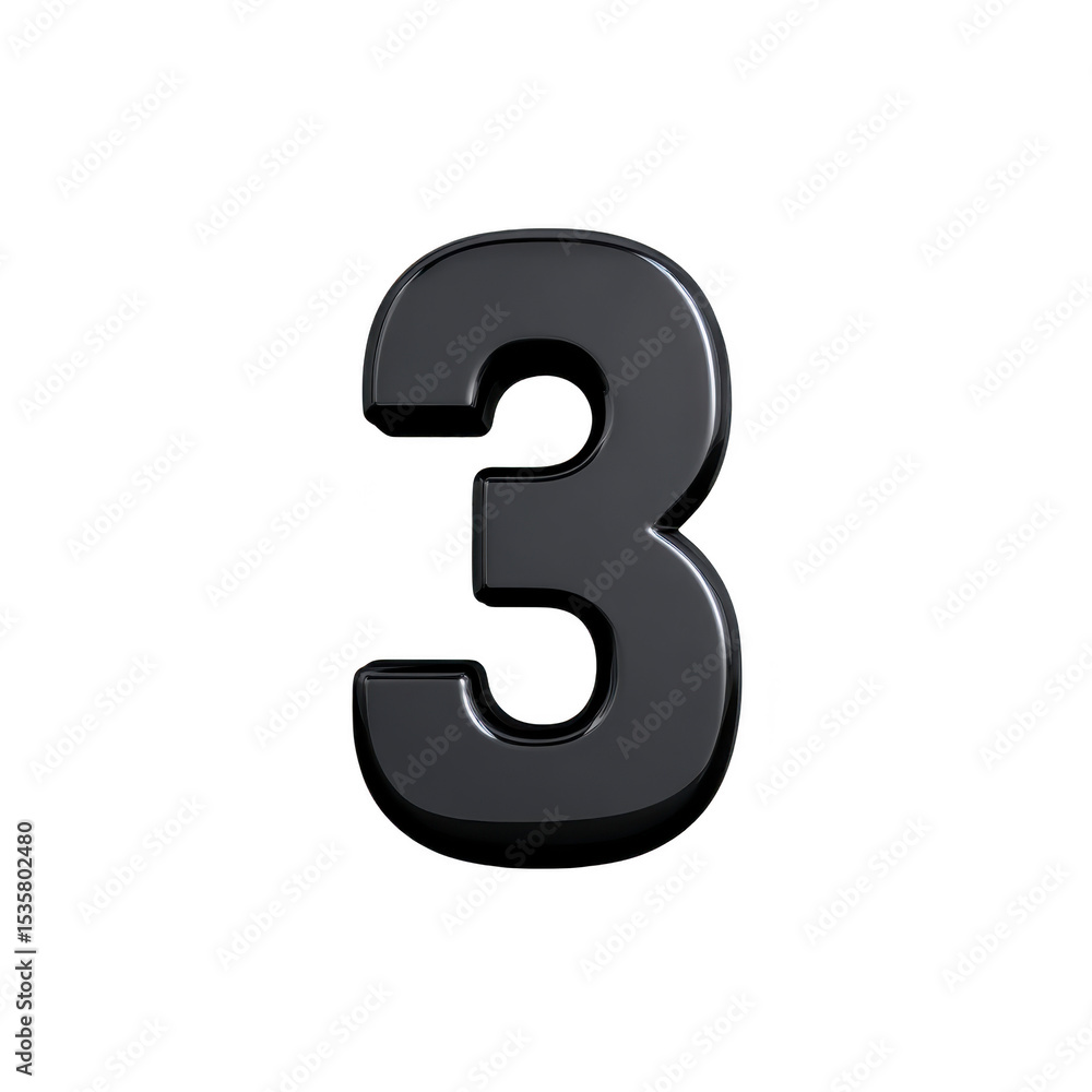 Shiny black number three with reflective surface stands out against plain background, creating bold and modern look Shiny black number three with reflective surface stands out against plain background, creating bold and modern look