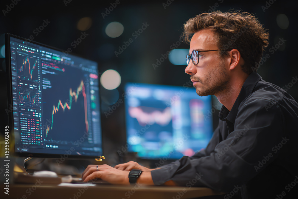 Man trading stock in front of computer. Generative AI. Man trading stock in front of computer. Generative AI.