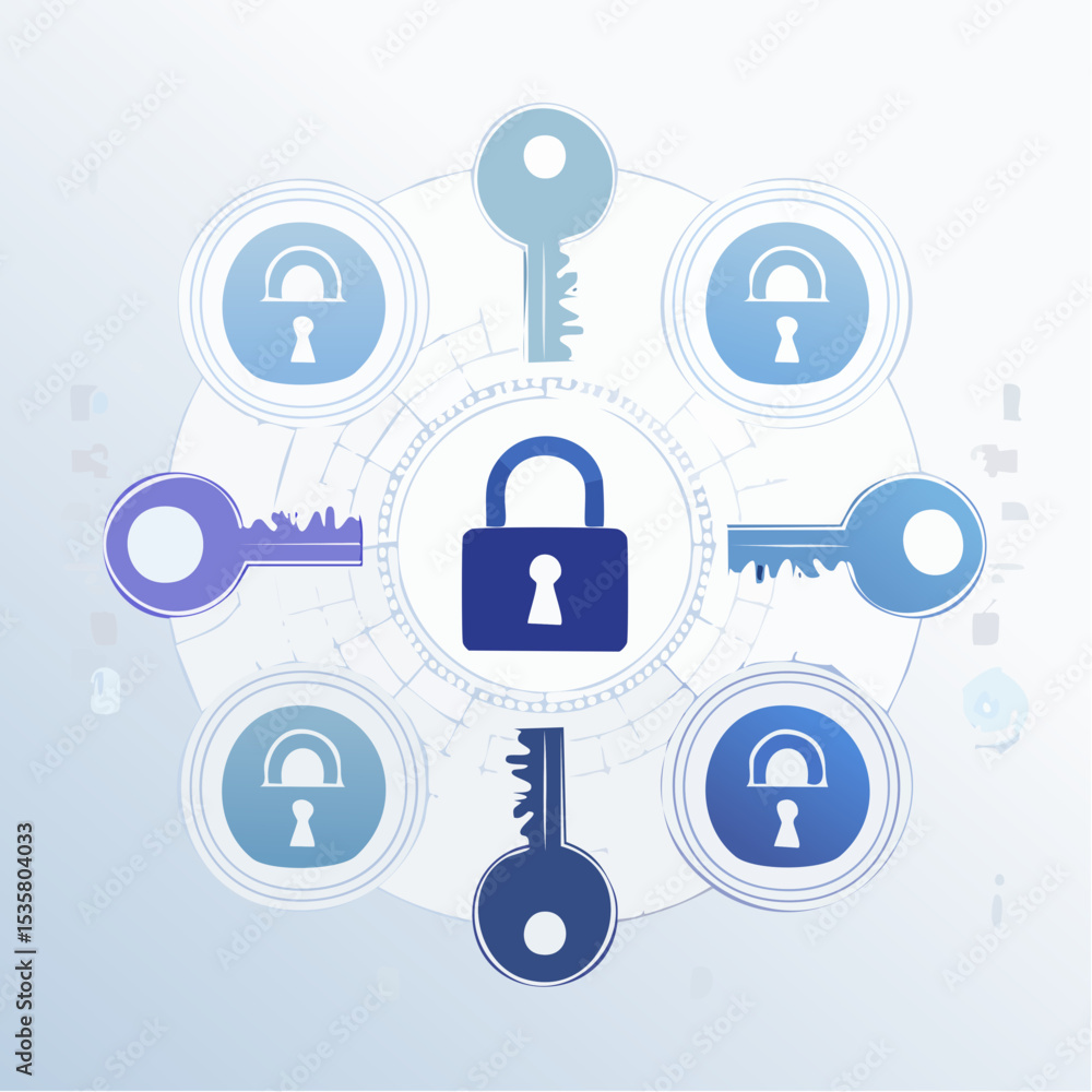 Digital security concept featuring padlock and keys arranged in a circular design Digital security concept featuring padlock and keys arranged in a circular design