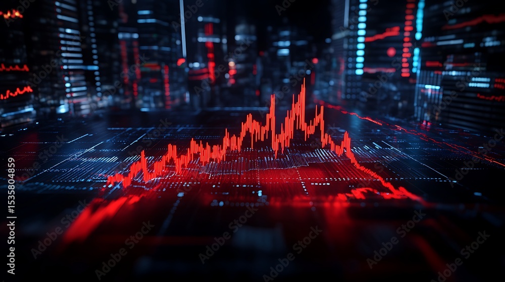 Fototapeta premium Dynamic red financial graph rises against a digital cityscape background, representing stock market growth
