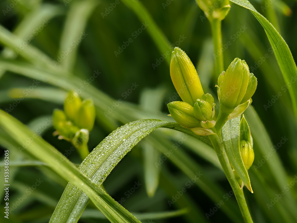 Fototapeta premium dew drops on leaves and Lilies in natural environment, selective focus