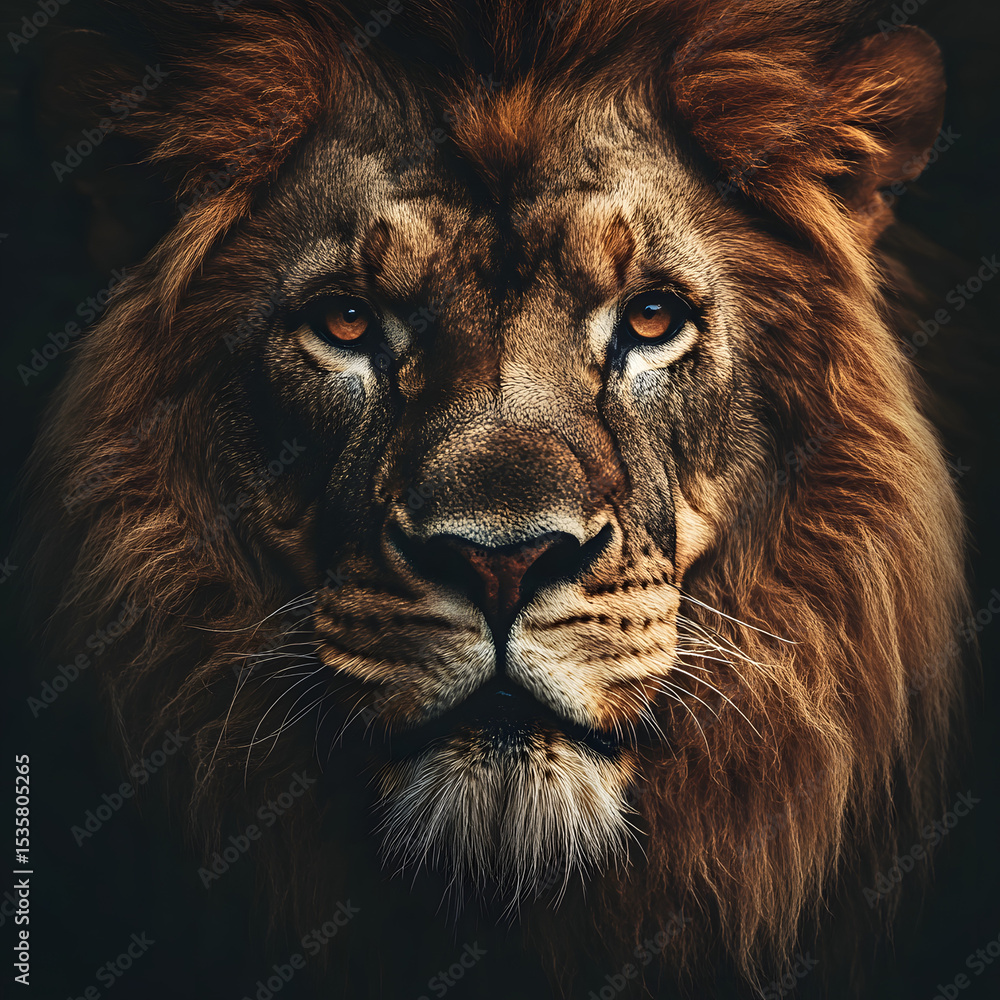 Naklejka premium Close-up portrait of a lion's face, showcasing its intense gaze and magnificent mane. The dark background emphasizes the animal's features.