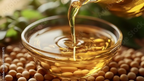 Pouring soybean oil into glass bowl beside soybeans for culinary and health concepts