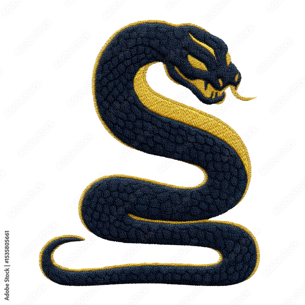 Obraz premium Coiled snake with menacing expression is depicted in stylized, embroidered design, featuring dark and gold colors. snake tongue is extended, adding to its fierce appearance