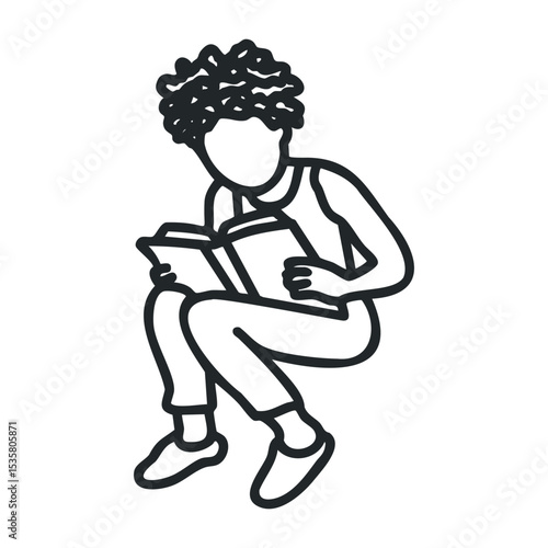 African male teen reading book in squatting position – stock vector icon in line drawing style