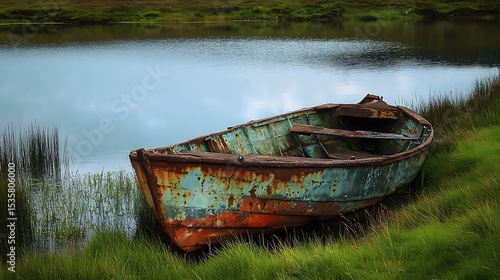 Weathered wooden boat resting on a grassy bank beside a calm body of water