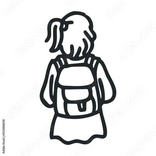 Female child backpack outline – stock vector icon in line drawing style