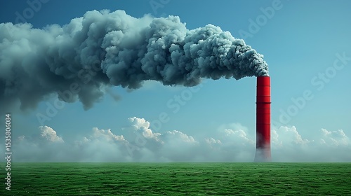 A single red smokestack releases a massive plume of smoke over a green field under a blue sky.